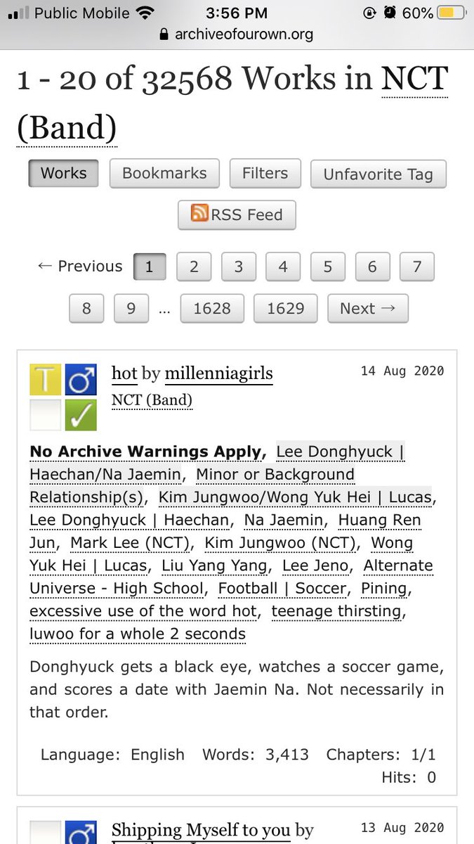 i will be using my main ficdom, NCT, as an example. in this screenshot i am looking at the NCT (Band) parent tag. as you can see, AO3 automatically shows you the most recent work in the tag. if you look at the top of the page, you can see the ‘Filters’ button
