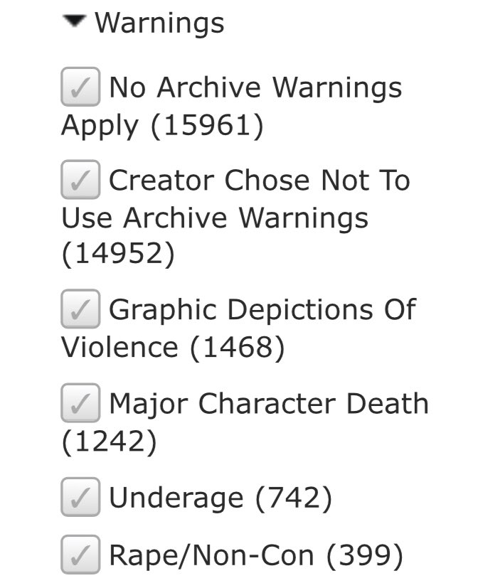 Warnings:want to read fics with no major warnings? select the first one! want to read mcd? select that one! the great thing about the warning system is that you don’t have to see anything you don’t want to. you can also exclude these which i’ll talk about later on