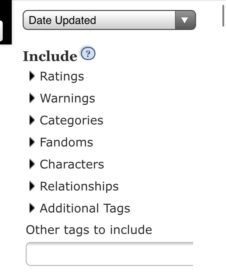 next we will talk about the ‘Include’ section! here you can find Ratings, Warnings, Categories, Fandoms, Characters, Relationships, Additional Tags, and a search bar for Other tags to include