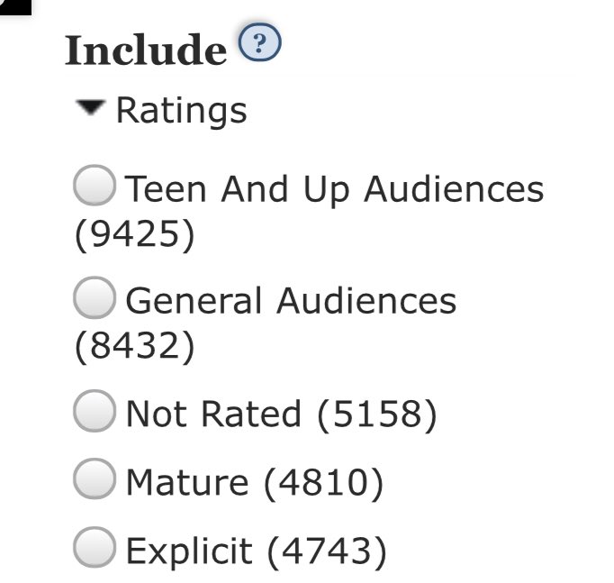 Ratings:the ratings range from Not Rated, General, Teen and Up, Mature, and Explicit. i won’t be breaking down each category here but i can in another thread. you can sort by rating to cater to what you are looking for