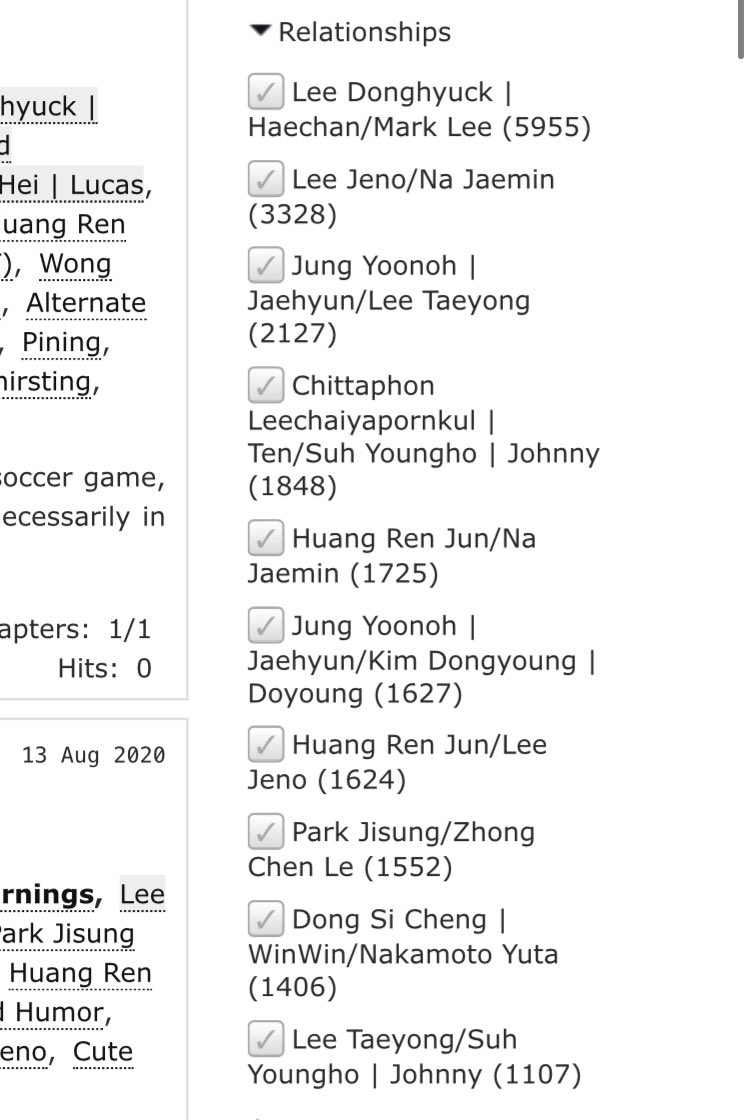 Relationships:these are the most tagged ships in the NCT tag. if you see the ship you want to read, use this to filter them. don’t see the ship you want? scroll down to “Other tags to include” and type it in the search bar