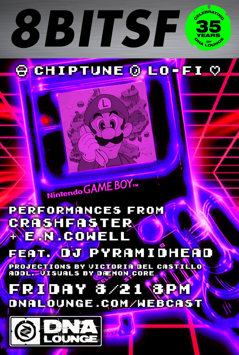 8bitSF's tweet photo. ✨ JUST ANNOUNCED ✨

Come party with us virtually (FREE!) on @dnalounge's live stream next Friday, Aug 21 @ 8PM PST! 

Featuring music from @crashfaster, @ENCowell and DJ Pyramidhead. Visuals by Victoria Del Castillo and @d43moncore!  

FB Event: https://t.co/n9SlQh2Nqu https://t.co/3mlTyl0w5v