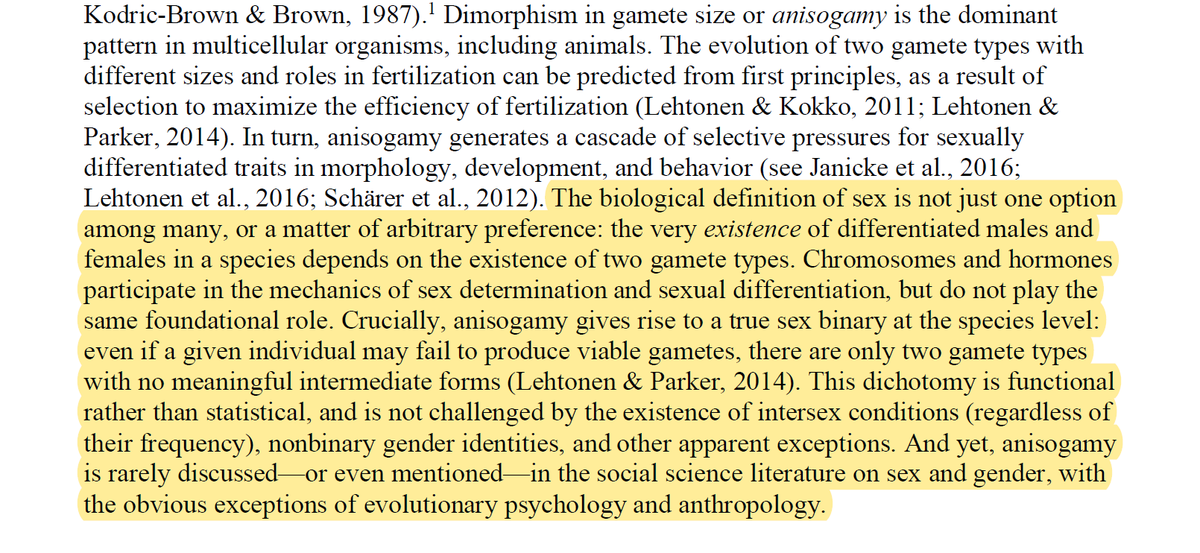  A definição biológica de sexo não é apenas uma opção entre muitas, ou uma questão de preferência arbitrária: a própria existência de machos e fêmeas, diferenciados numa espécie, depende da existência de dois tipos de gâmetas.via  @zaelefty https://www.researchgate.net/publication/329701788_Measuring_Sex_Differences_and_Similarities