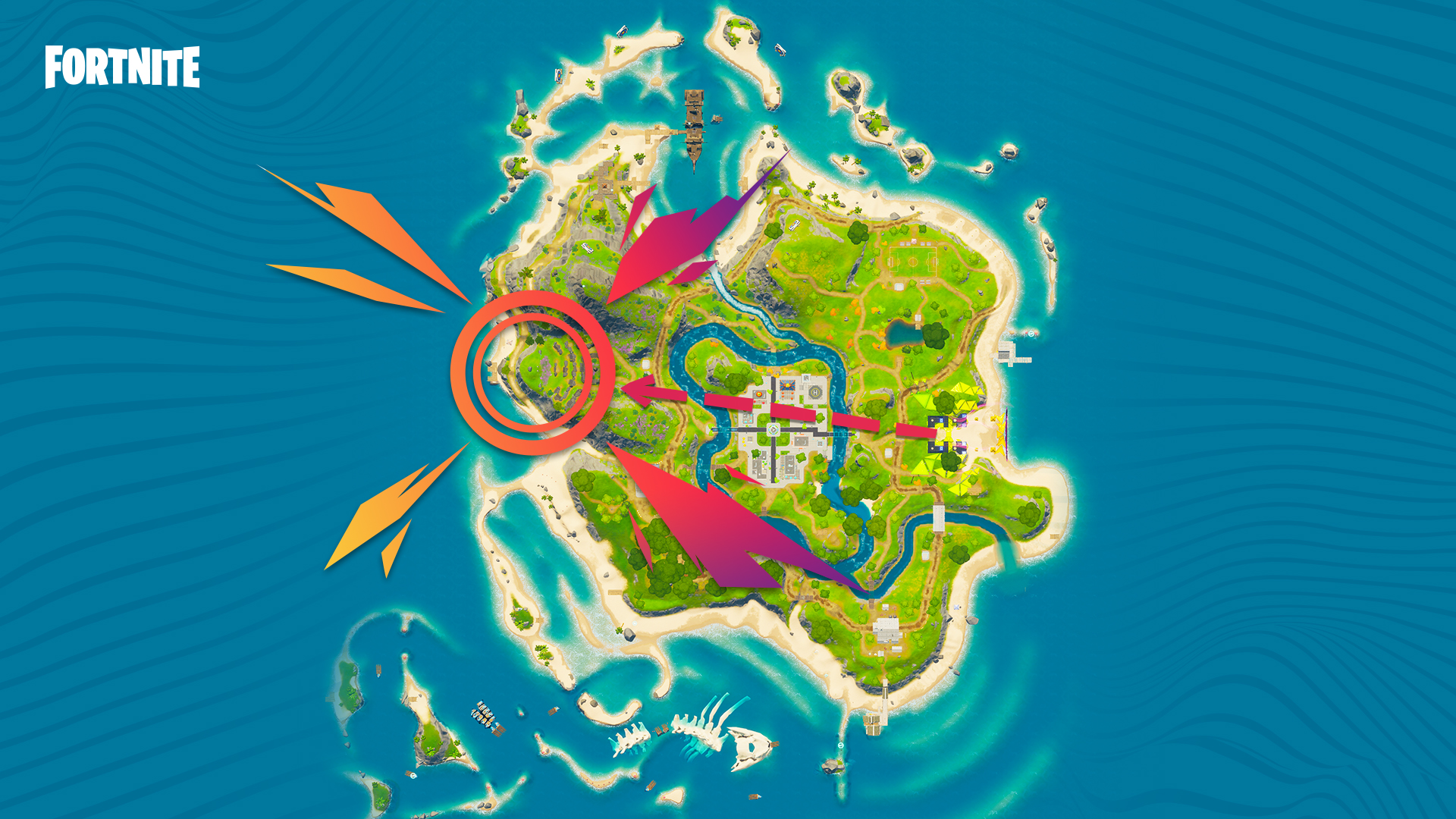 Mapa de onde encontrar o telão em Fortnite