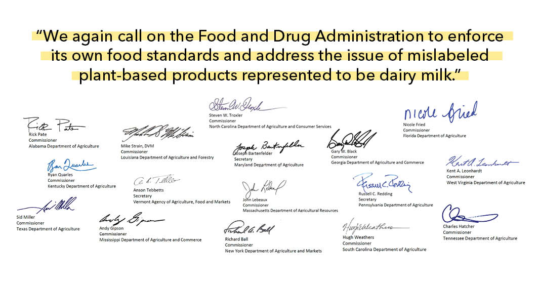 nmpf's tweet image. Last week, 16 Agriculture Commissioners sent a letter to @SteveFDA calling on @US_FDA to enforce its standards of identity for #dairy to protect consumers from "confusing" and "misleading" marketing tactics.

Read the letter here: bit.ly/3iH0MyS.