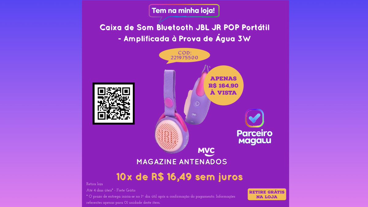 antenadashopee's tweet photo. A #JRPOP tem 3W RMS de potência, recursos de viva voz, luzes integradas multicoloridas e resistência IPX7 à prova d'água.Conta ainda com conexão Micro USB para carregamento, entrada auxiliar 3,5mm e bateria recarregável de 600mAH que dura até 5 horas. Perfeita!#Jbl #TemNoMagalu https://t.co/4f7IH8sWmp