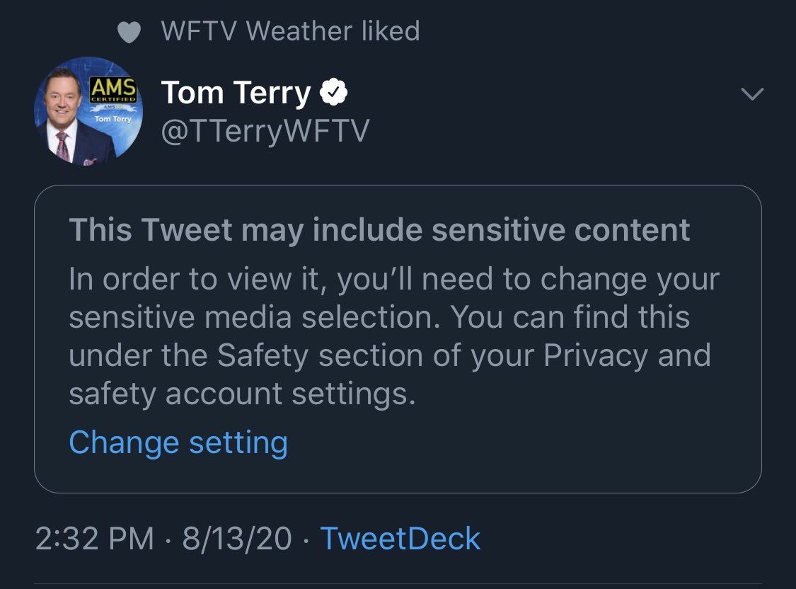 delvallepj's tweet photo. What could @TTerryWFTV posibly say that includes “sensitive content”? Thunder and lightning having a fight and it’s too graphic? https://t.co/ghOo6AIgks