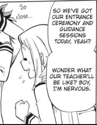 We also see that bit from before the exam again. How she just kinda talks a lot when she's nervous even if the other person isn't talking back lol. She's likely talking to Deku too cause he's the one she actually met proper the day of the exam