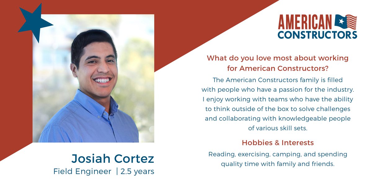 AmConstructors's tweet photo. Meet #fieldengineer Josiah Cortez! Josiah launched his career with American Constructors as an intern in 2016, quickly proving himself an asset by managing punch lists and performing daily safety audits. https://t.co/37jzROQFQT