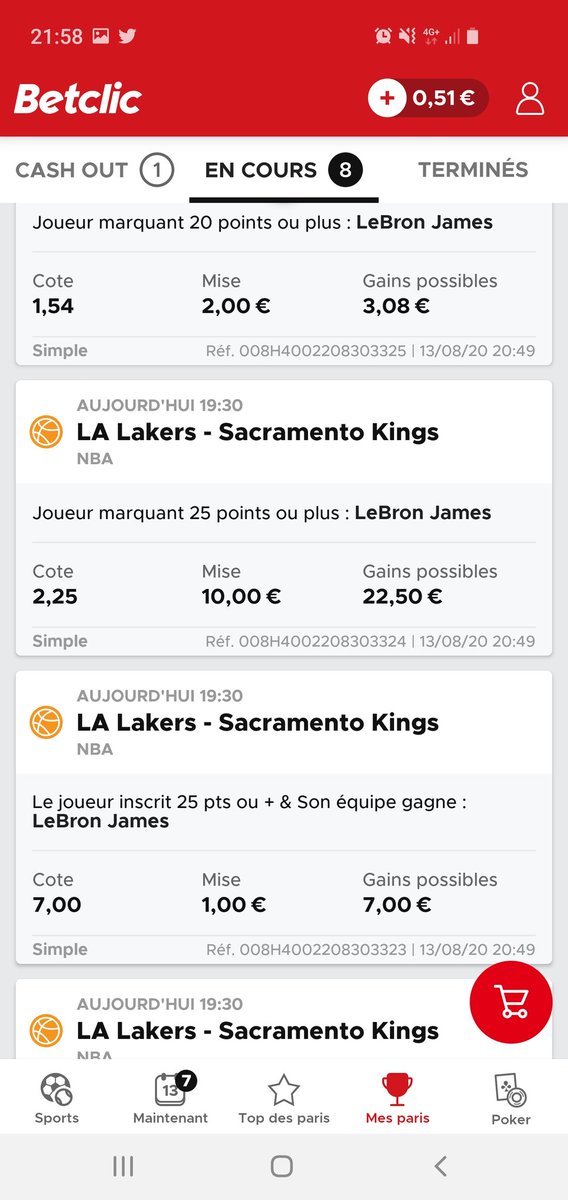 MartinonMorgan's tweet photo. Bonsoir @Betclic. Un petit geste de votre part serait cool. J'ai pris ces 3 paris en live à la mi-temps à 20h49, LeBron n'a pas rejoué de la 2nde mi-temps. https://t.co/9IM8MhhJtf