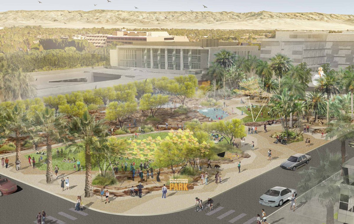 Coming Soon! Palm Springs Downtown Public Park. The rumored new home of the adored Marilyn Monroe statue,  the park is designed to include two lawn areas, palm groves, a water feature and a police substation, among other features. #PalmSprings #Downtown