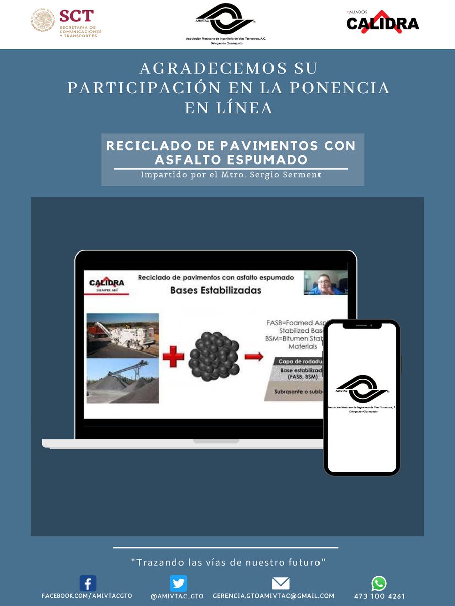 amivtac_gto's tweet photo. Extendemos un agradecimiento al Mtro. Sergio Serment Moreno por su magnífica conferencia "Reciclado de pavimentos con asfalto espumado"; esperamos seguir aportando a todos los asociados, eventos de calidad con retroalimentación en temas de vías terrestres.
#AMIVTACGto https://t.co/4k7cvqmStI