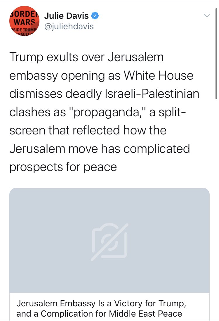 We’ll start with the narrative drivers, who told us that Trump was undermining peace in the Middle East with this decision. Here’s  @nytimes and  @juliehdavis saying that the move “complicated prospects for peace.”