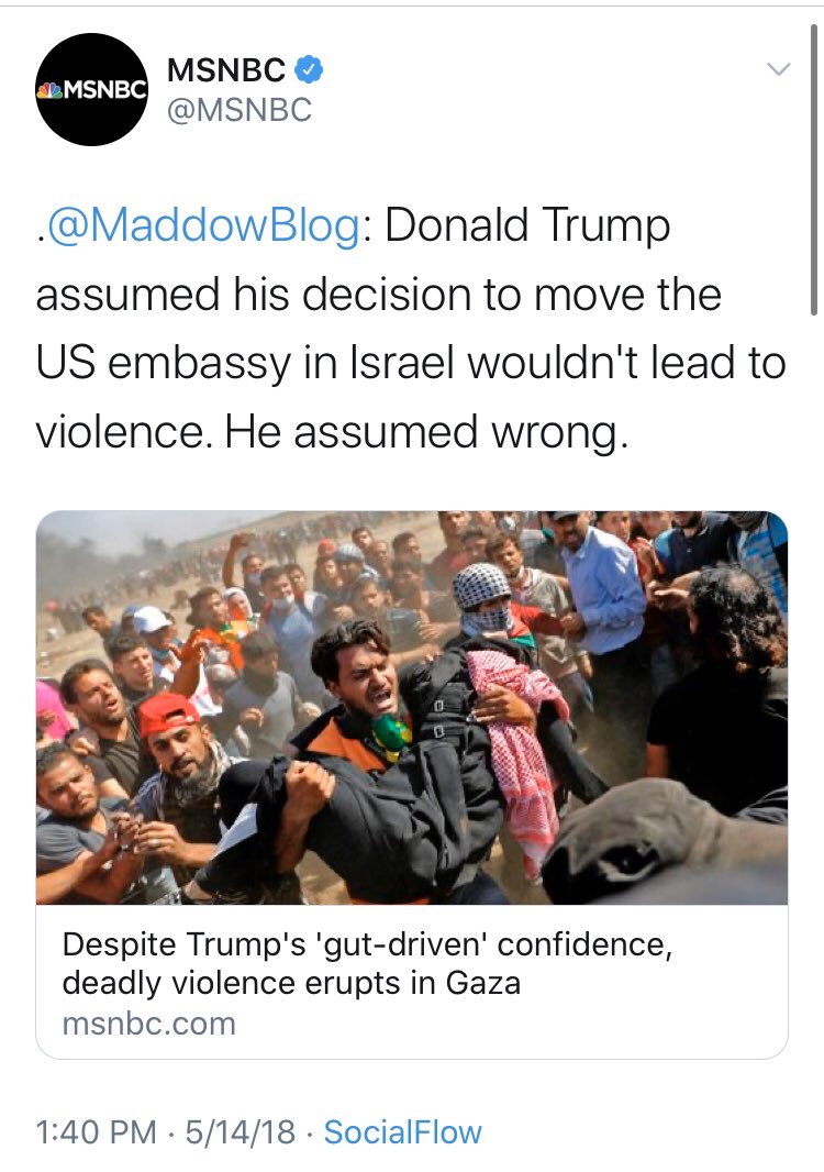  @maddow is in the mix, as ever. Here she is for  @MSNBC, pretending that the violent protests against the move were both Trump’s fault and indicative of threats to the region.