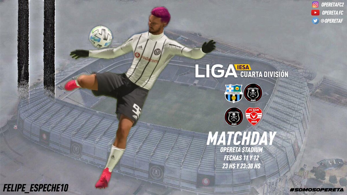 Hoy juega Opereta,por las fechas 11 y 12 de la liga <a href="/IESAArgentina/">IESA</a> nos enfrentaremos a los siguientes rivales 

☠ *Entrenamiento* ☠ 22:30 hs

☠  *LIGA IESA* ☠

23:00 hs vs <a href="/FCFARSEL0NA/">FC FARSELONA</a> (Visitante) 🏟
23:30 hs vs FC Qam (Local) 🏟

#SomosOpereta