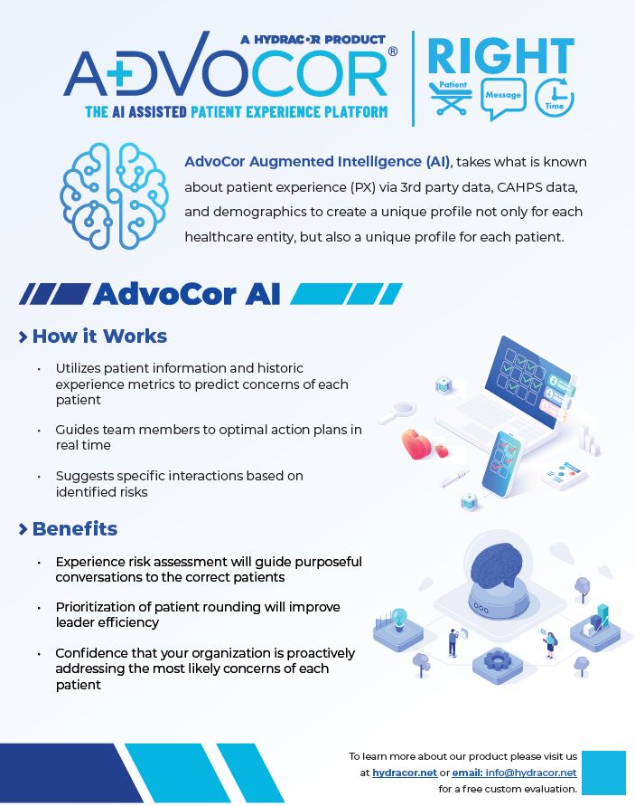 HydraCor's tweet photo. A.I. in healthcare is all the rage. Most companies ref. artificial intelligence, which is using machines to work like humans. Our "secret sauce" is augmented intelligence, machine driven insights that enhance the human worker. 
#patientexperience #augmentedintelligence #HCAHPS https://t.co/KeAP8qqSZE