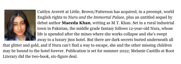 My #ownvoices Pakistani Muslim book IS GOING TO BE PUBLISHED!! 🎉🎉

I've grown up on creepy jinn tales and known relatives victim to child labor. I can’t wait to share my story that blends both worlds.

Ready to enter the realm of jinn? NURA AND THE IMMORTAL PALACE is out 2022!!