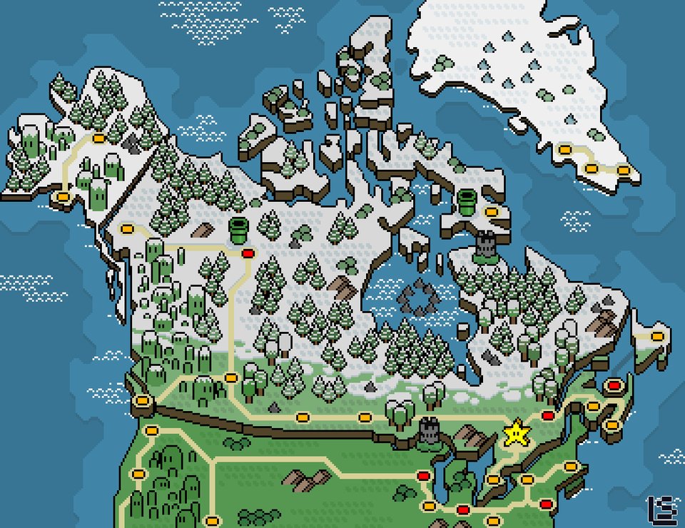 simongerman600's tweet image. Map of Canada in the style of Super Mario World. Terribly cute! Source: buff.ly/2XZeAfX