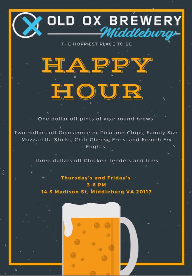 <a href="/oldoxmiddleburg/">Old Ox Brewery Middleburg</a> is hosting a #HappyHour on Thursdays and Fridays from 3-6 p.m. It's the perfect time to visit Middleburg's hoppy place. 🍻 #middleburgva #loudoun #loveloudoun #brewery