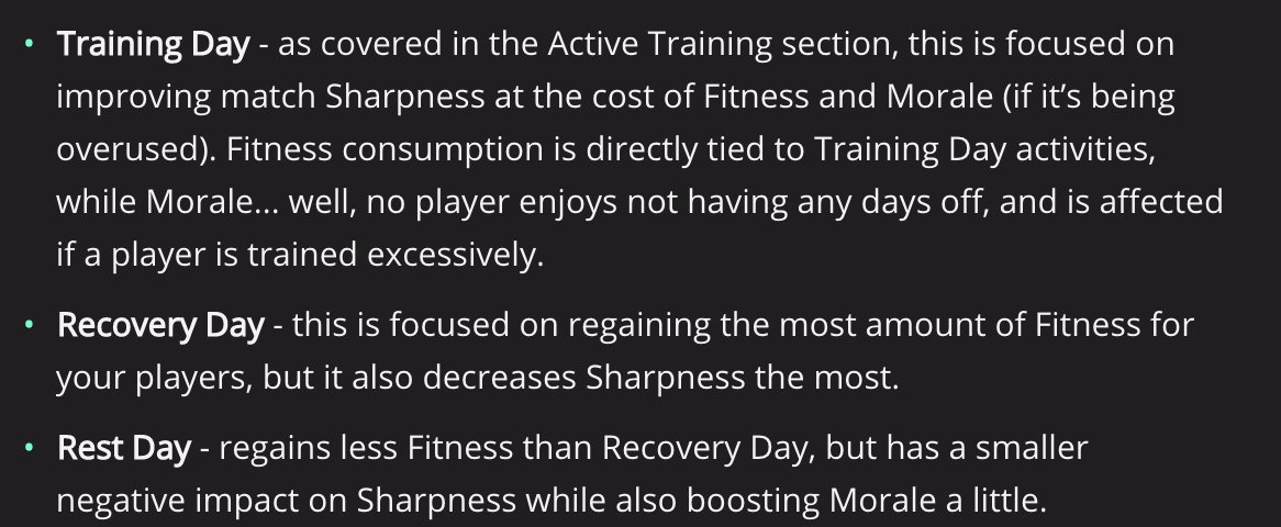 Team Schedule Planning - You can set 3 types of daily activities for your players which will have a strong impact on current morale, fitness & sharpness statuses:-Training Day-Recovery Day-Rest DayYou can also PRESET these for the season if you don't want to manage this!