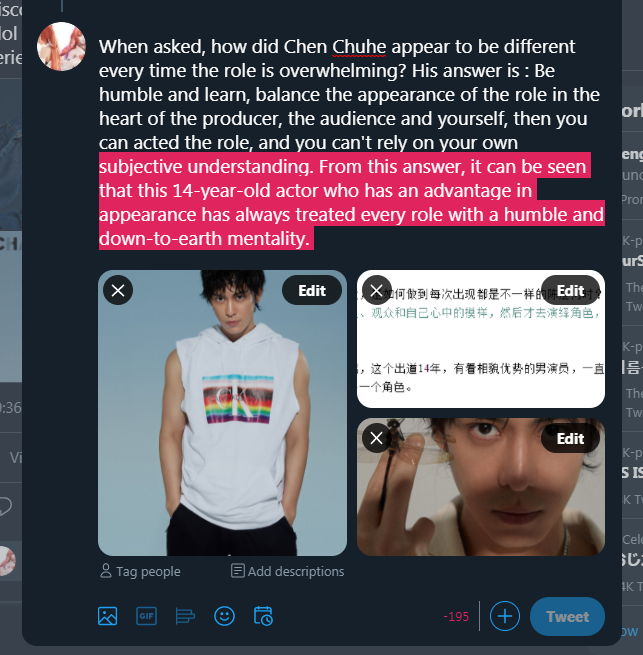 Angela_Tiwi's tweet photo. When asked, how did Chen Chuhe appear to be different every time the role is overwhelming? His answer is : Be humble and learn, balance the appearance of the role in the heart of the producer, the audience and yourself, then you can acted the role, #ChenChuHe #RiverChen https://t.co/0z0JH6A8fa