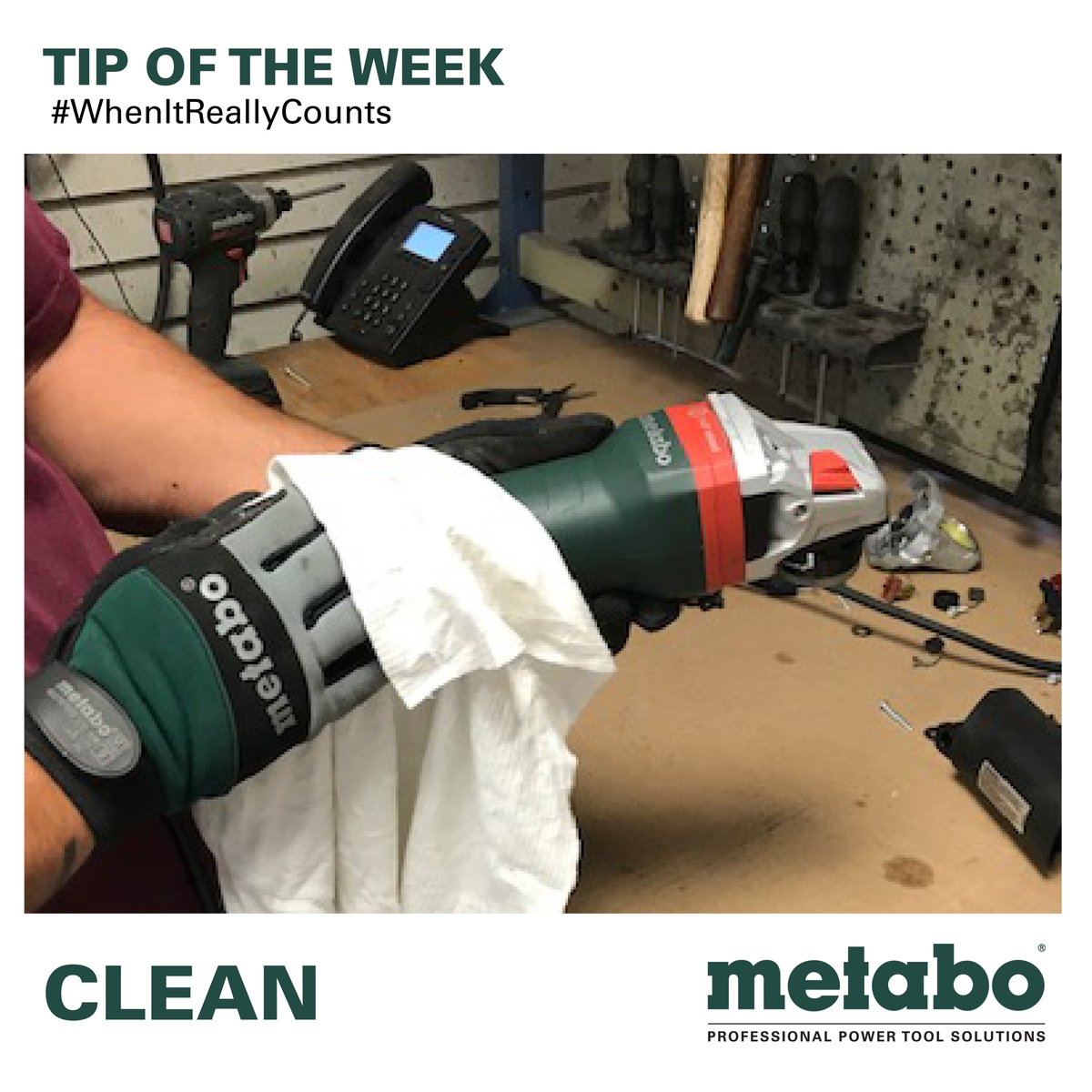 MetaboNAmerica's tweet photo. Tip of the Week: Clean tools in accordance with instructions provided in operators manual. Then clean with a cloth/sponge with a diluted bleach solution and allow to air dry. For more details 👉 https://t.co/AuKyce2lNN #Metabo #WhenItReallyCounts #ProfessionalPowerToolSolutions https://t.co/sFPOvUNznl