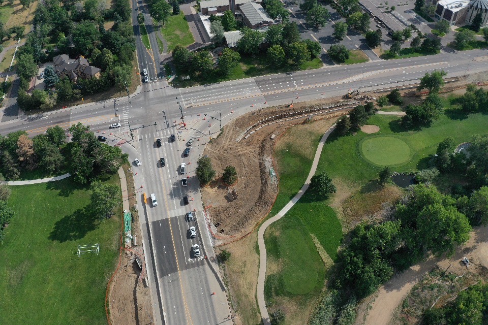 COHighLineCanal's tweet photo. Aerial shot of the Colorado Blvd. and Hampden Ave. underpass project progress. Thanks to Evan Anderman Photography for the awesome perspective. 📸#HighLineCanal #71Miles https://t.co/fBbPrjMZum