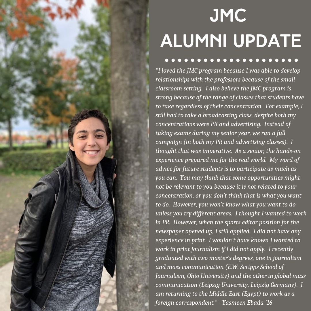 samford_cam's tweet photo. Yasmeen Ebada ‘16 shares her career path after graduating from Samford, “I also believe the JMC program is strong because of the range of classes that students have to take regardless of their concentration.” #themajorthatcreates #JMCAlumniUpdate https://t.co/cAJbXY0Wt6