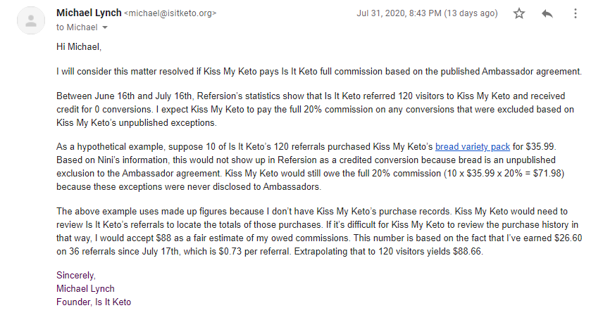 What I wanted was for  @kissmyketo to say, "Oh wow! Thanks for letting us know we might have been paying everyone incorrectly. We'll investigate and pay everyone." But I suspected they'd rather risk a lawsuit than proactively pay. So I estimated a reasonable payment of $88.