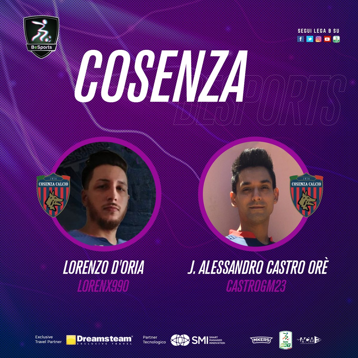 Lega_B's tweet photo. ๐ฎ๐ค Conosciamo i Players di @bncalcio @CosenzaOfficial e @PisaSC che si sfideranno nelle finali di #BeSports, il 1ยฐ campionato virtuale della #SerieB in collaborazione con @dreamsteamtravel #SMItechnologies @mkersofficial e @acme_communication giocato interamente su #PES2020! https://t.co/FCmBk7weIf