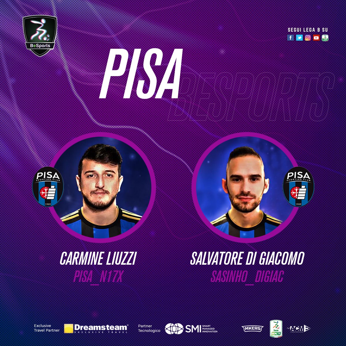 Lega_B's tweet photo. ๐ฎ๐ค Conosciamo i Players di @bncalcio @CosenzaOfficial e @PisaSC che si sfideranno nelle finali di #BeSports, il 1ยฐ campionato virtuale della #SerieB in collaborazione con @dreamsteamtravel #SMItechnologies @mkersofficial e @acme_communication giocato interamente su #PES2020! https://t.co/FCmBk7weIf