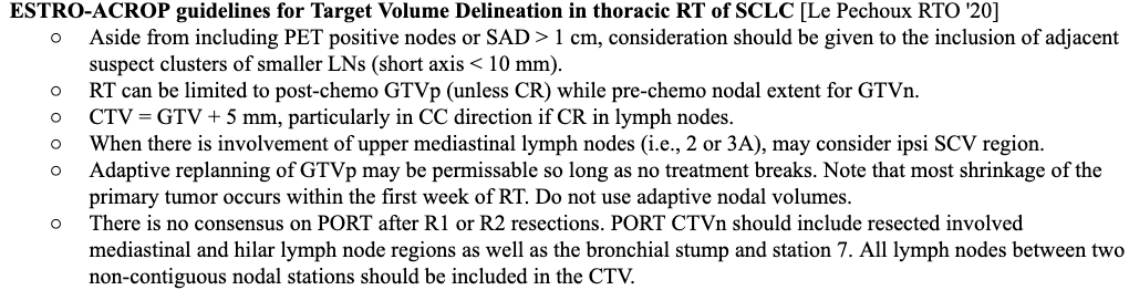 ESTRO-ACROP guidelines for Target Volume Definition in #SCLC: 
-Consider clusters of smaller LNs with SAD &lt; 1 cm.
-Consider ipsi SCV if level 2 or 3a involved.
-CTV = GTV + 5 mm, particularly in CC direction for nodes.
-No adaptive nodal cone-down. #radonc
pubmed.ncbi.nlm.nih.gov/32673777/