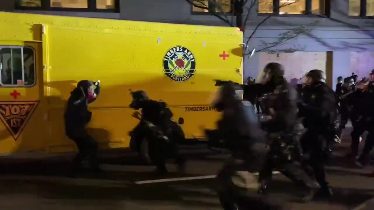Two nights ago, when  #PortlandProtest was at the E. Burnside precinct,  @PortlandPolice stayed inside. No arrests were made, no tear gas deployed. Last night, downtown. Same protesters, same vibe. But police turned the streets into a war zone. Could it be that the Police reaction-