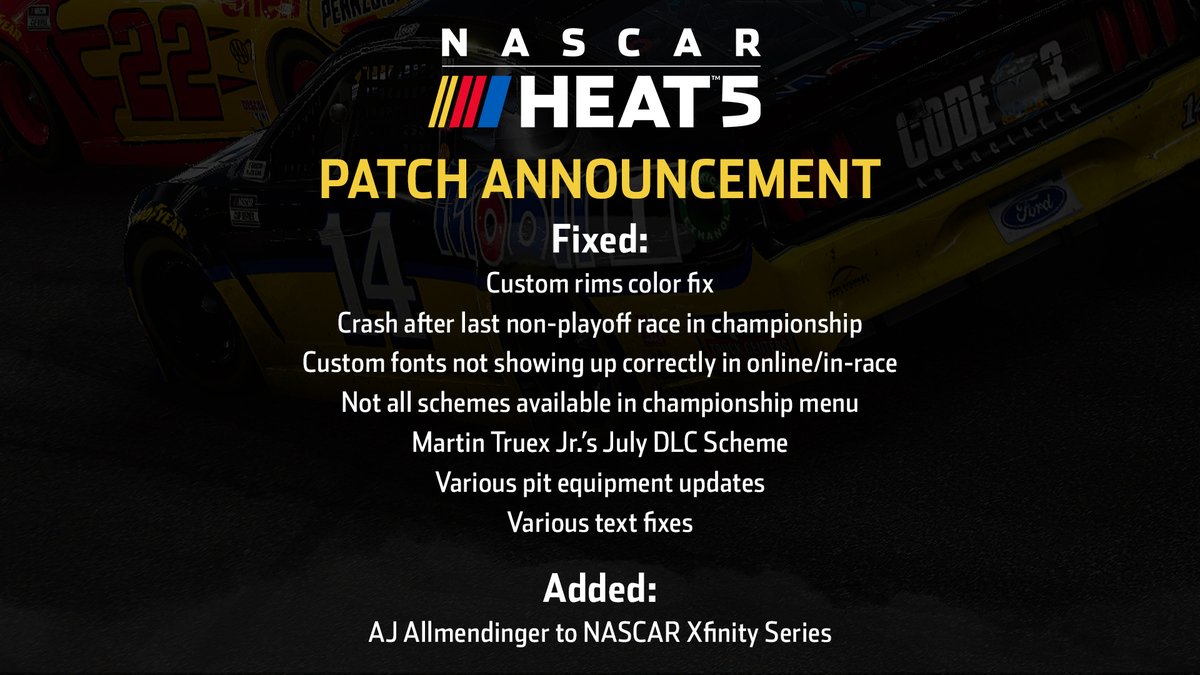 NASCARHeat's tweet photo. Our latest patch for #NASCARHeat5 is now available for all platforms!

This includes a fix for the custom rim color issue, custom font issue, and much more!

You can also read about it over on our blog:  https://t.co/Ly0q4LY4HR https://t.co/SJgTyK1Db6