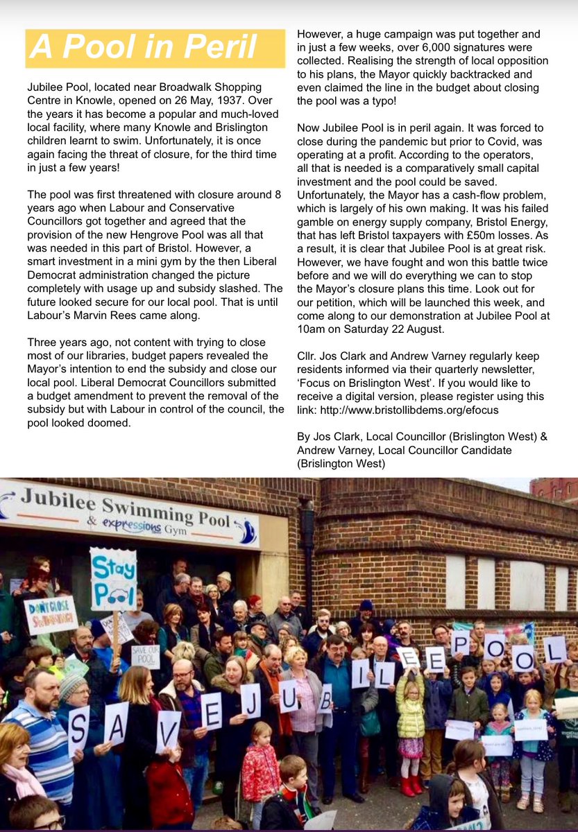 BrisLibDems's tweet photo. @josclark6 and @AndrewJVarney write a weekly article for #DirectLocal community magazine, available online https://t.co/3NZD1vXg7k. This week we have written about the Labour Council’s plan to shut down our local Jubilee Pool. #SaveJubileePool https://t.co/SujRkPZZpE