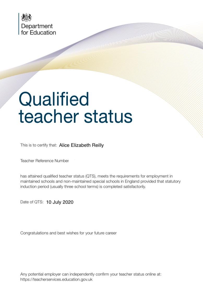 AliceR_FF's tweet photo. After my teacher training year got cut short due to Covid, I’m feeling very lucky to say I’ve finally got my Qualified Teaching Status through!! 🥳👏🏻 https://t.co/BlISvmlWkm