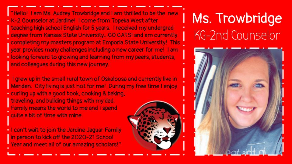 It's a great day to introduce our new counselor! Welcome Ms. Trowbridge to Jardine.
#JardineStrong #JardineProud #JardineElementary