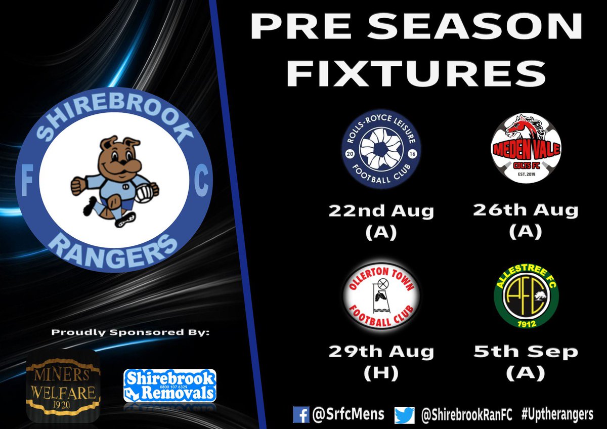 Pre season now filling up nicely ready for the new season. 

Away trips to <a href="/RRL_FC/">Rolls-Royce Leisure FC</a>  <a href="/medenvalecolts/">Meden Vale Colts 1st Team⚽️🔴⚫</a>  and <a href="/AllestreeFC/">Allestree FC</a>  with a home game to @Ollertontown18s .
#preseason #uptherangers