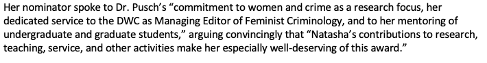 The DWC Graduate Scholar Award was also awarded to Dr. Natasha Pusch, who recently received her Ph.D. from <a href="/ASUCrimJustice/">ASU Criminal Justice</a> and will join the faculty of <a href="/TexasTech/">Texas Tech University</a> in the fall. As her nominator states: