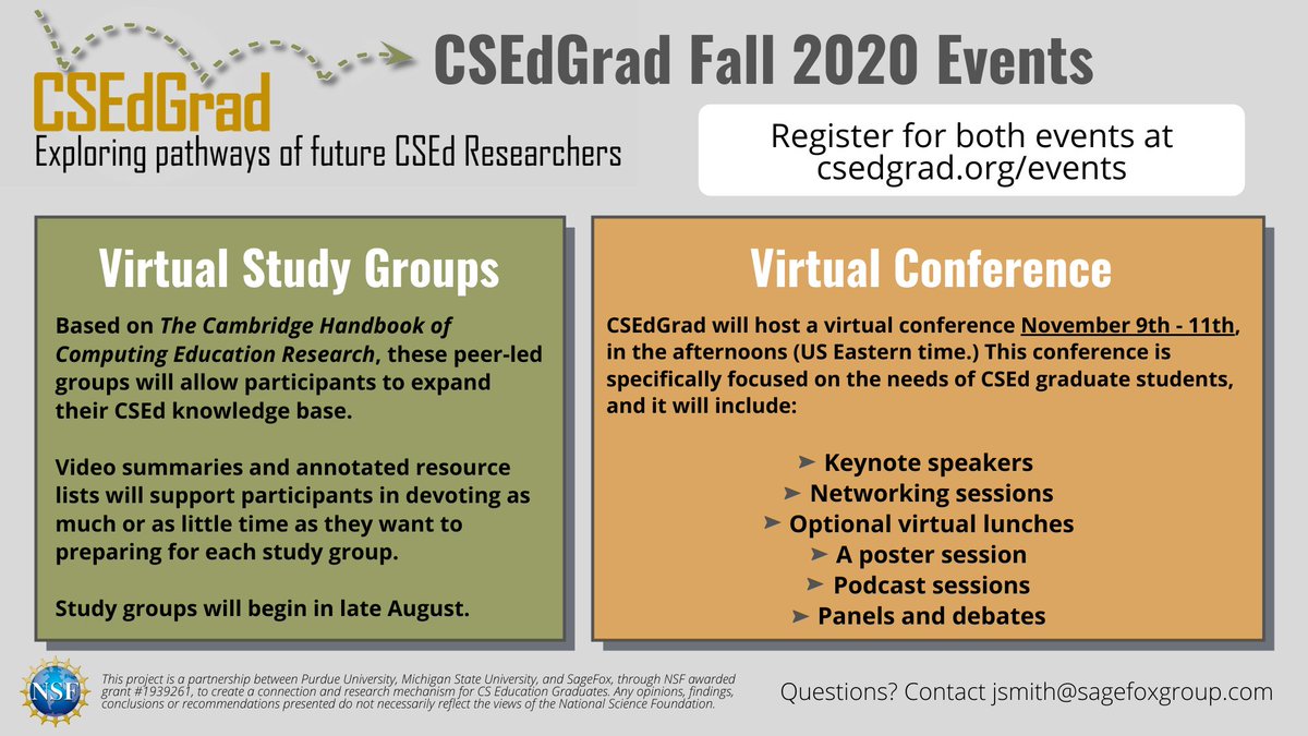 CSEdGrad1's tweet image. #CSEd graduate students: sign up for fall study groups and/or conference at csedgrad.org/events (alt text: image has details about events, which are available at link above)