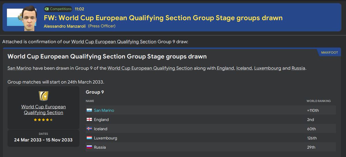 Not the worst group for World Cup qualifying for San Marino. Iceland should be beatable, so hopefully we will be challenging Russia for 2nd place in the group behind England...  #FM20