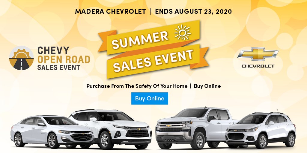 MaderaChevrolet's tweet photo. The Summer Sales Event is going on now with amazing new Chevrolet &amp; Pre-owned deals! The event ends August 23rd, so hurry in before it's over!

View entire inventory &amp; Buy Online: https://t.co/JPnOxs9GfR https://t.co/Bg6bp27OZc