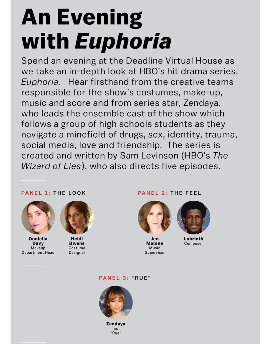 13.08 | Deadline will hold a virtual panel exploring Euphoria with MUA Doniella Davy, costume designer Heidi Bivens, music supervisor Jen Malone, composer Labrinth, and Zendaya on Monday 17th August. Register here! bit.ly/3kHZzsU