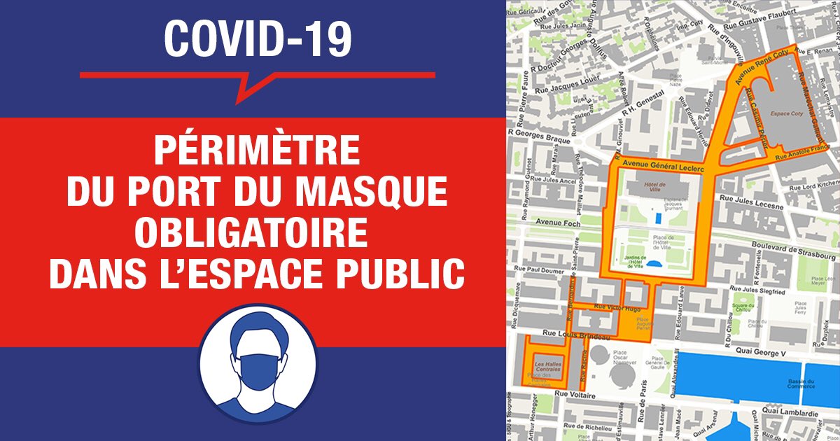 LH_LeHavre's tweet photo. #COVID19
Afin de se protéger les uns les autres, @Prefet76 décide en accord avec la Ville du Havre de rendre obligatoire le port du masque dans certains secteurs du centre-ville, sur la digue promenade et sur tous les marchés.
Tous ensemble soyons vigilants ! https://t.co/4SPX8S1ZdM