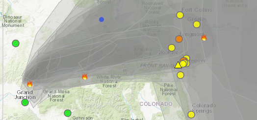 RouttCountyComm's tweet photo. From Routt Dir. of Environmental Health: Smoke AQI Thursday and Friday forecast is unhealthy for sensitive groups. Image shows current smoke plumes and impact from the #grizzlycreekfire and the #pinegulchfire https://t.co/r2reXnUuKb