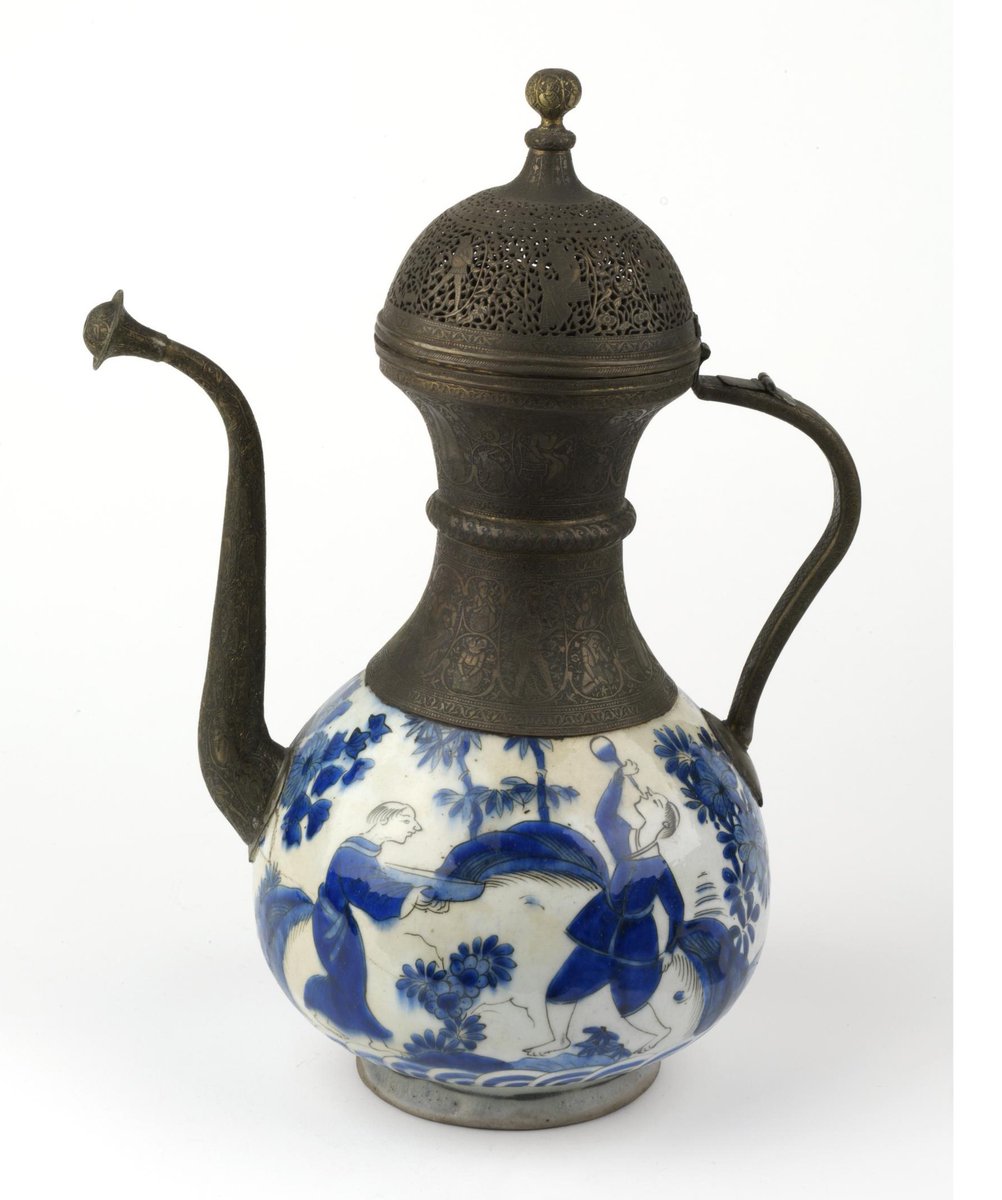 While this one also has blue-on-white decoration, it's not Chinese, but was produced in Iran in the 17th century, in a style which references Chinese ceramics. I love the depiction of the guy drinking. (V&A 468-1874) [6]