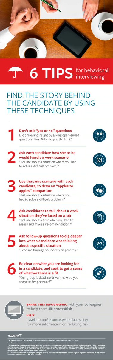 Travelers's tweet photo. We provide six tips for #behavioralinterviewing, in-person or virtual, so you can gain insight into how candidates may embrace the company’s culture of safety: https://t.co/rJk5SsOdL8. https://t.co/keaDY5eh4c