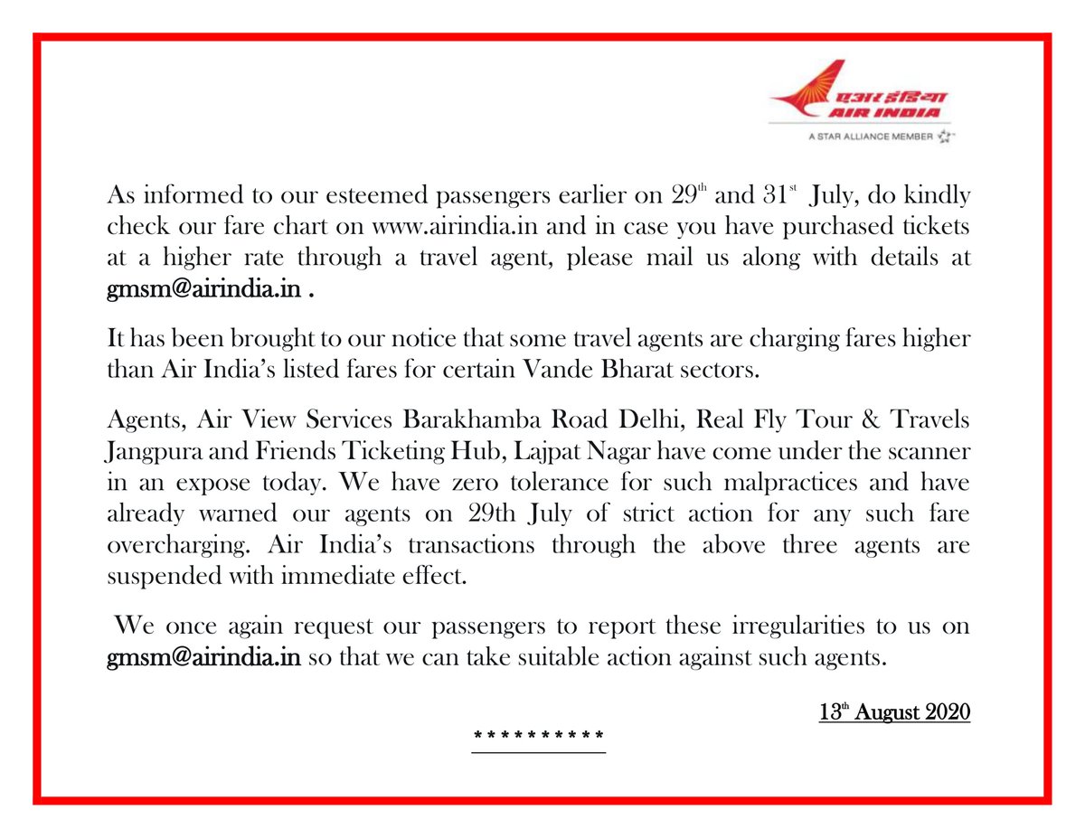 #FlyAI : Air India has zero tolerance towards any malpractice. Please report to us on gmsm@airindia.in