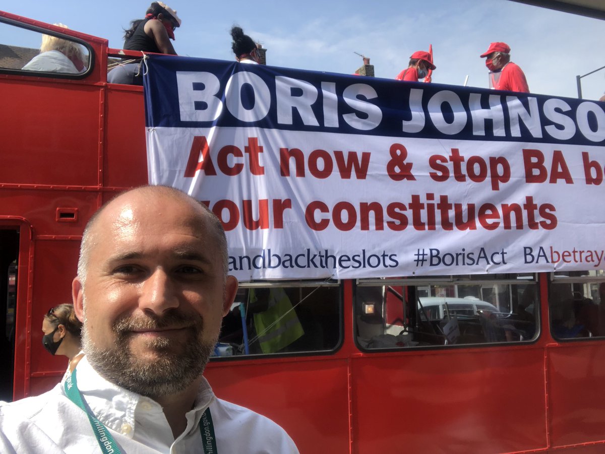 CllrMathers's tweet photo. Spoke in solidarity with @BaBetrayal campaign in Ruislip today calling to @DSimmonds_RNP @BorisJohnson to sign the slot pledge. #takebacktheslots #backBAworkers https://t.co/GP78W71mFj