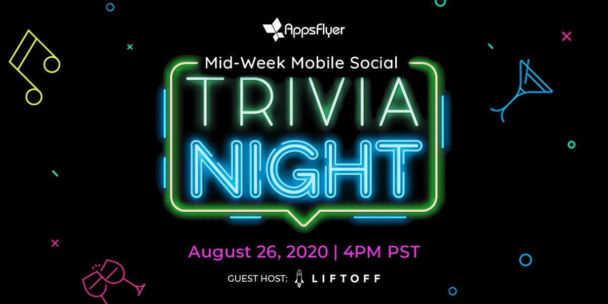 AppsFlyer's tweet photo. AppsFlyer's Mid-Week Mobile Social trivia night is coming back! Join AppsFlyer and our friends at @liftoffmobile on August 26th for a unique virtual event featuring pub-quiz style trivia challenges and prizes. 

https://t.co/aHju1NZphW https://t.co/iJiuNZ8Syi